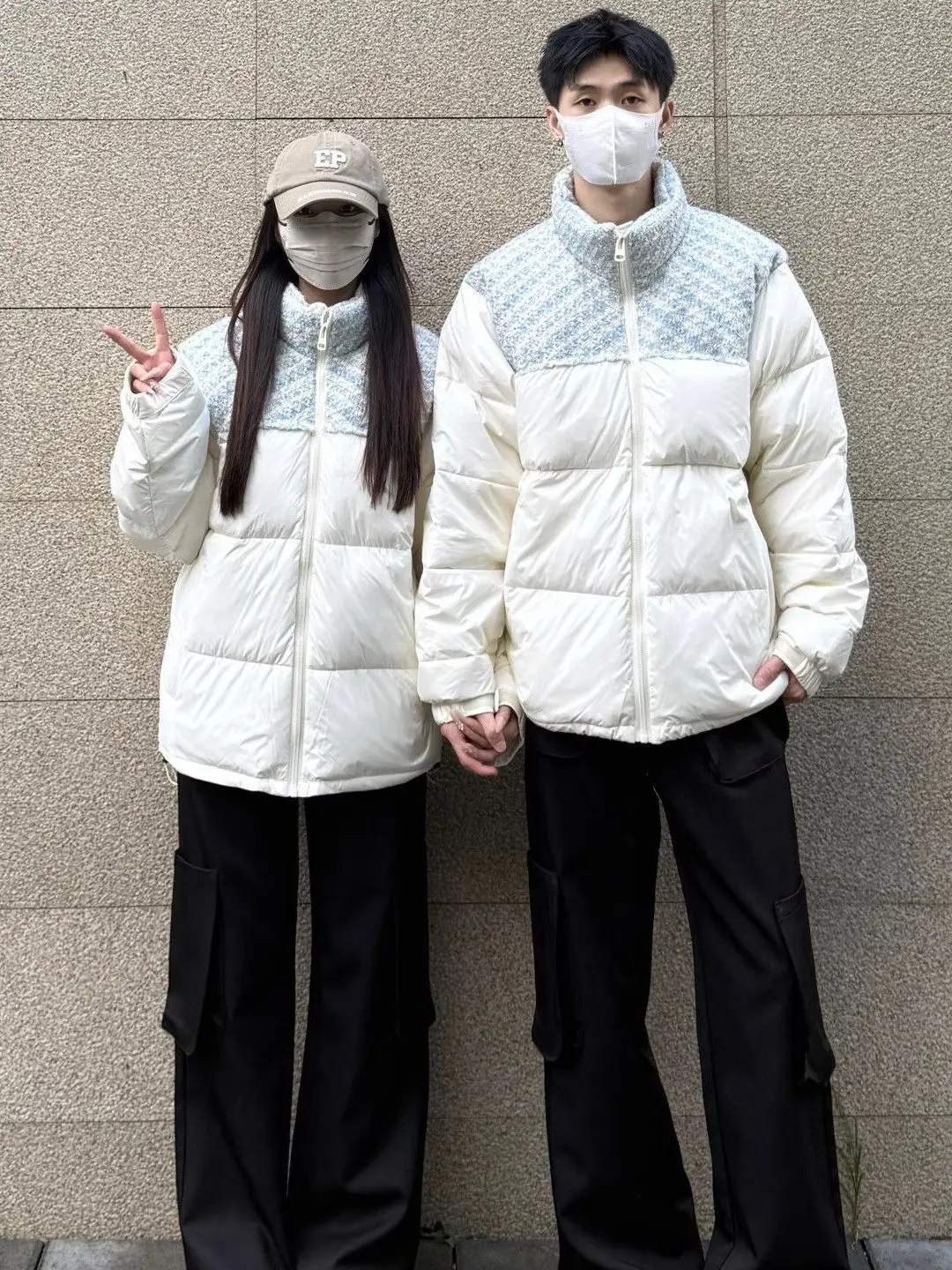 

Couple's Thiened Cotton Jaet Stand Collar Splicing Warm Bread Sle Winter New Korean Design Sense Outerwear Coat