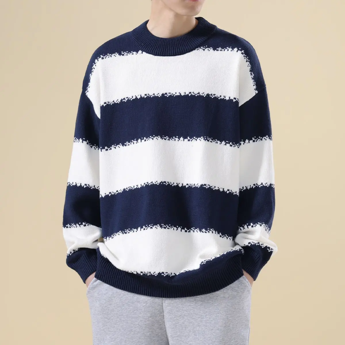 Sweater Rajut Pria Longgar Musim Gugur Musim Dingin Kerah Bulat Santai Thermal Motif Garis Kasual Nyaman Lembut Poliester