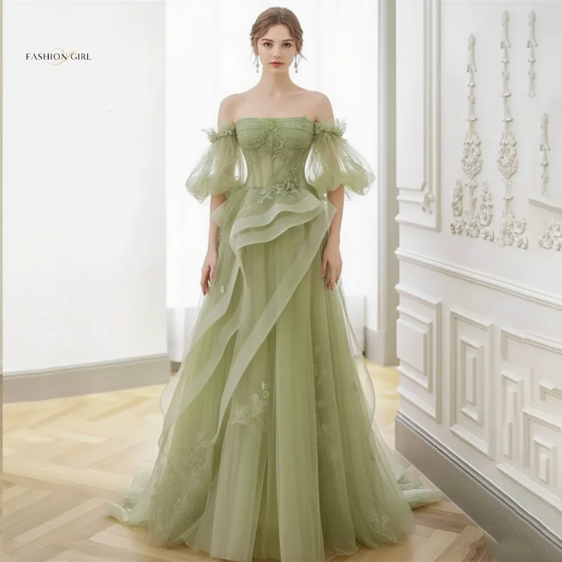 

2025 Sage Green Ball Dress Off Shoulder Bubble Sleeve Princess Dress Floral Gaul Star Style Layered Folded Evening Dress