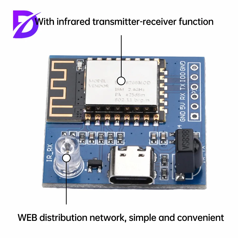 5/1Pcs ESP8266 적외선 방출 수신 NEC 명령 WIFI 전송 모듈 개발 보드 보드 ESP-12F 모듈 TYPE-C