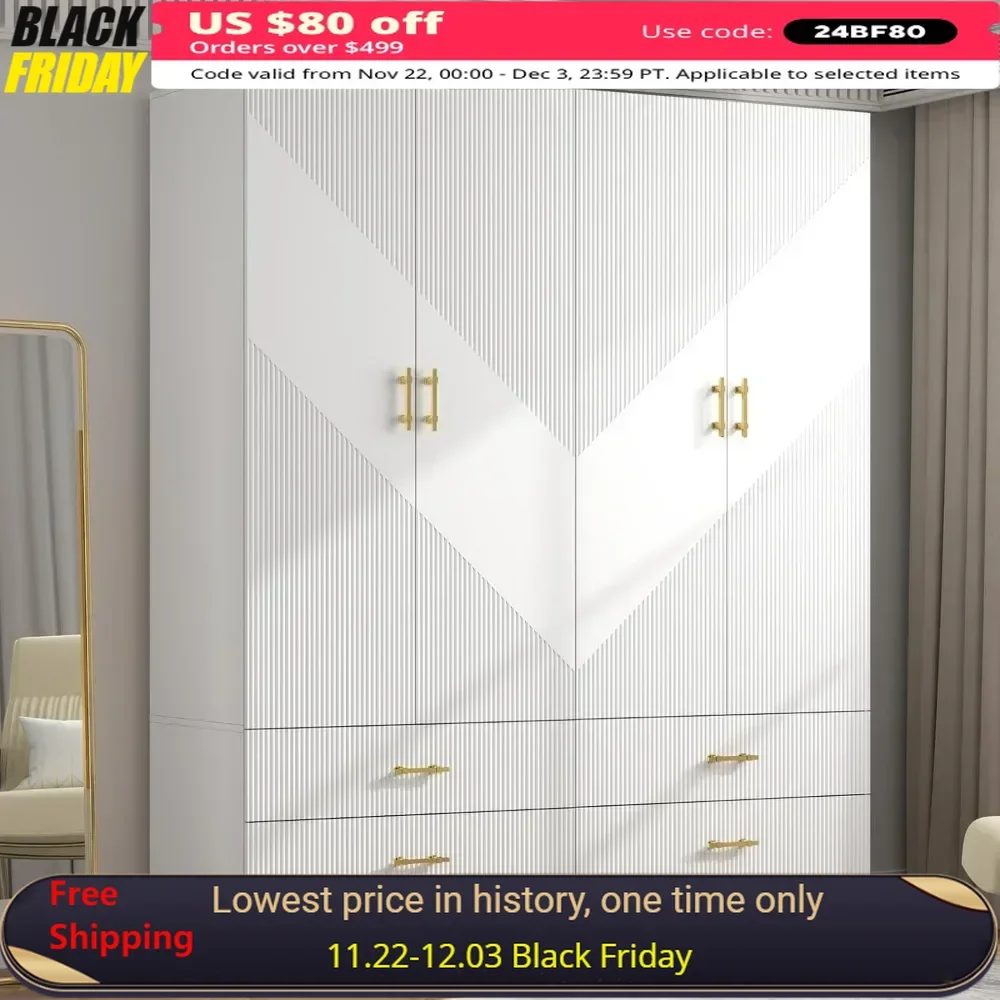 Wardrobe Armoire with 4 Doors, 4 Drawers and 2 Hanging Rods, Twill Wood Closet Storage with Metal Cabinet Legs, White Wardrobes