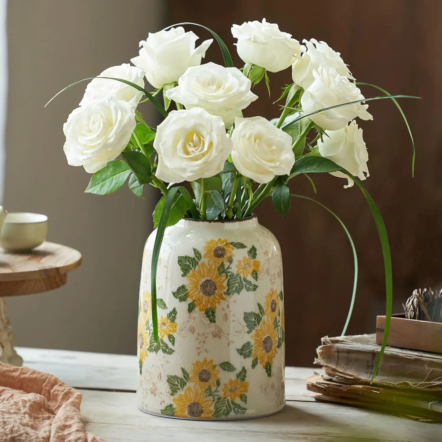 

Yellow Sunflower Floral Ceramic Vase, 7.9 Inch Chinoiserie Modern Aesthetic Rustic Large Vases for Centerpieces Dining T