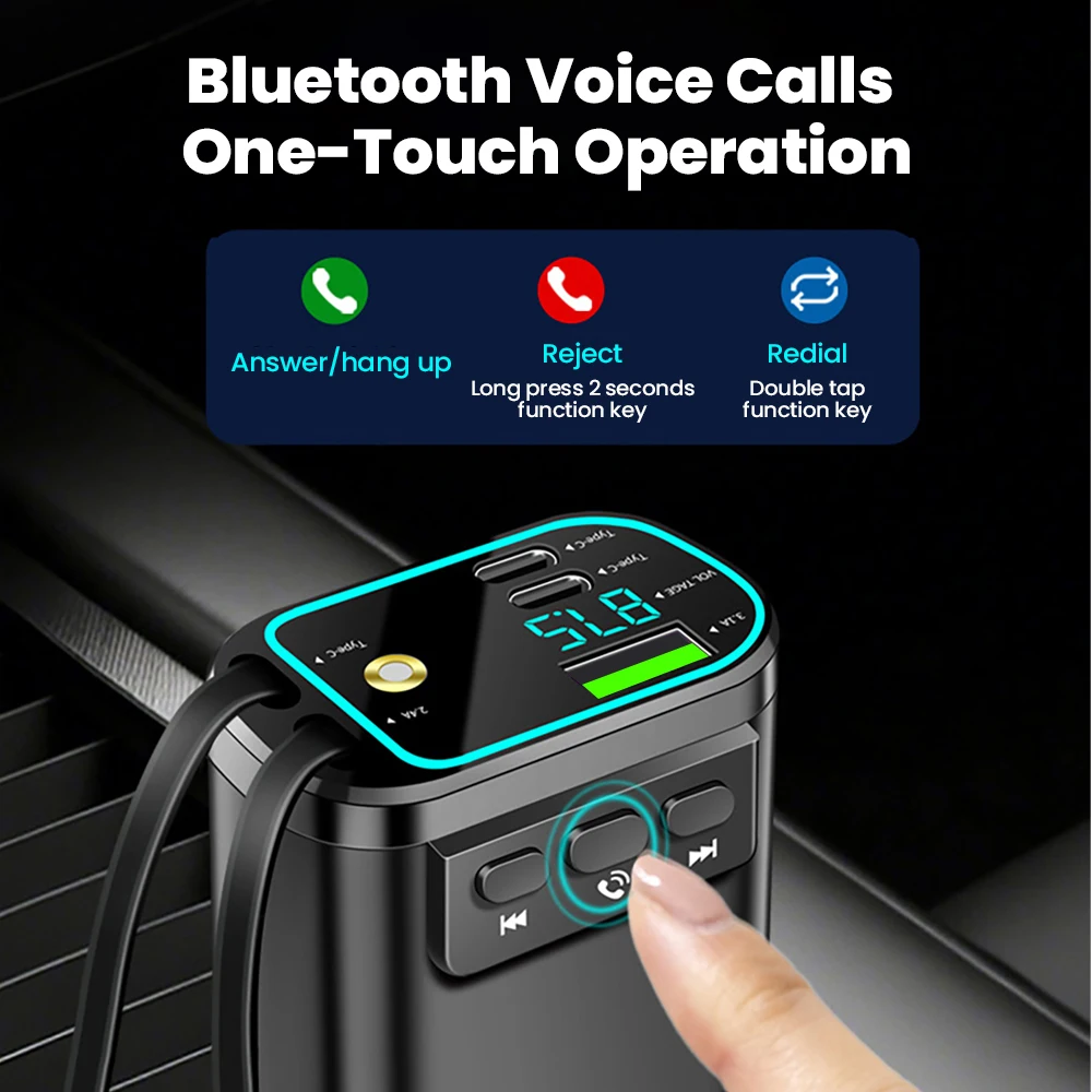 5 IN 1 Bluetooth Car Charger With Type C To Type C iOS Retractable Cable For iPhone Roof Starlight USB Car Phone Charger QC 3.0