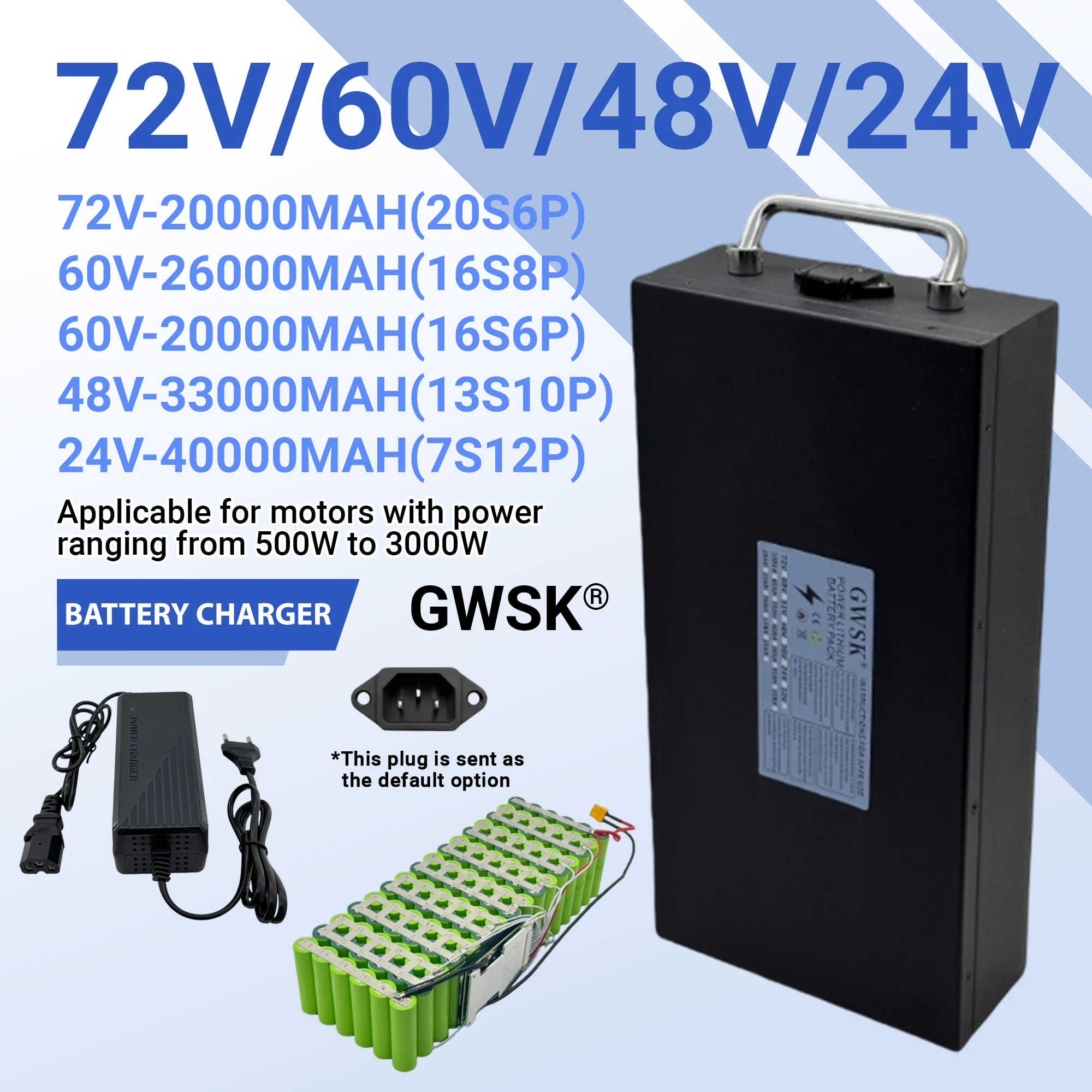 

Air transportation, 18650 lithium-ion battery, 100% full capacity, 72V/60V/48V/24V, suitable for motors below 3000W