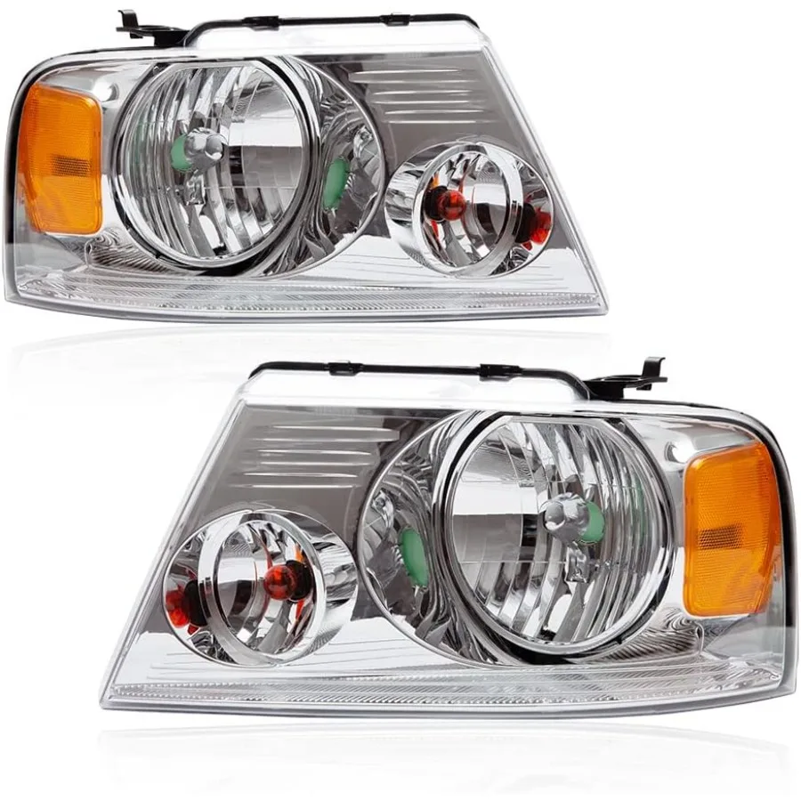 

Фары в сборе, совместимые с моделями F150 20042008 и Lincoln Mark LT 20062008, прозрачные линзы с хромированным корпусом и янтарным цветом.