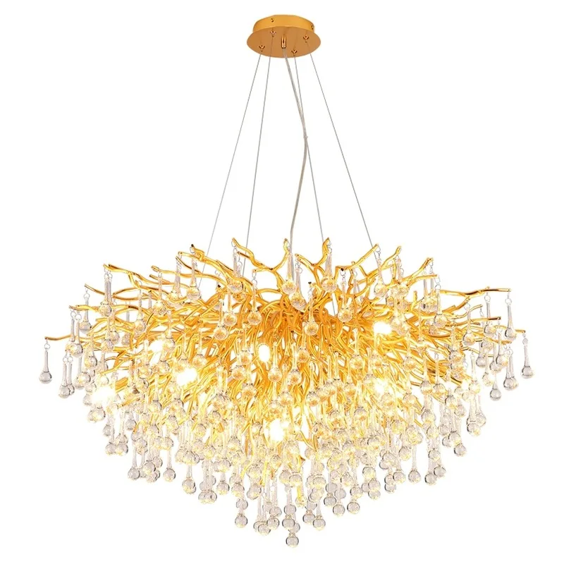 Modern Luxury big ceiling chandelier crystal golden Water Drop tree branch chandelier For Living Room Hotel Villa hall light