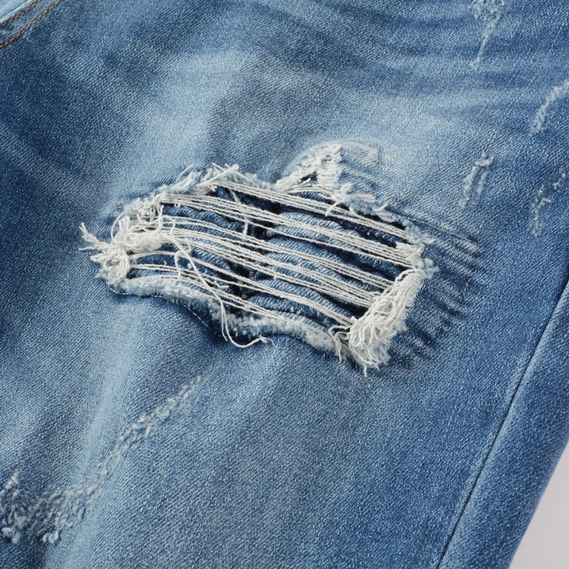 Y2K أزياء الرجال الرجعية الأزرق جينز عالي الجودة مرونة ضيق الجينز الرجال التصحيح الهيب هوب العلامة التجارية السراويل hombre #6