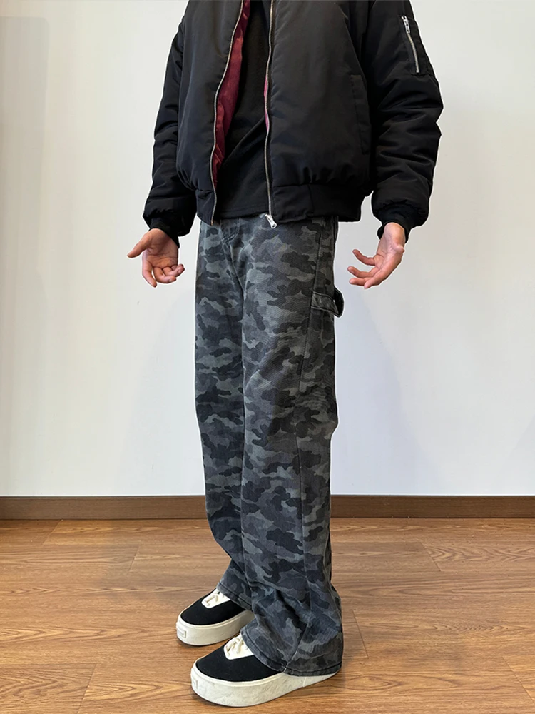 

American Retro Vibe Men's High Street Camouflage Jeans Autumn Winter Trendy Straight Leg Micro Flared Workwear Denim Pants