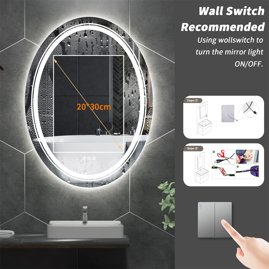 LED Bathroom Mirror Oval Smart Makeup Mirror Anti-Fog Dimmable Light Memory Wall Vanity Shaving Mirror Backlit+Front Lighted