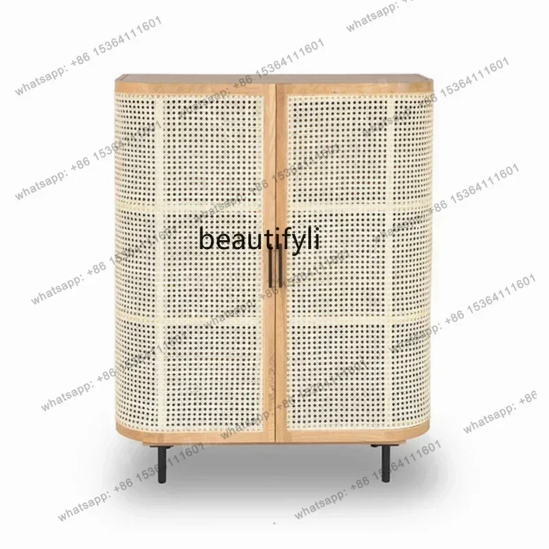 

Japanese-Style Log Vintage Sideboard Cabinet Living Room Locker Rattan Cabinet Entrance Cabinet Clothes Closet Double-Door