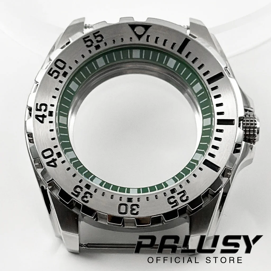 Caja de reloj de anillo verde de 44MM, caja de reloj de acero inoxidable plateado, compatible con movimiento NH34, NH35, NH36, NH38, NH39, NH70, NH72