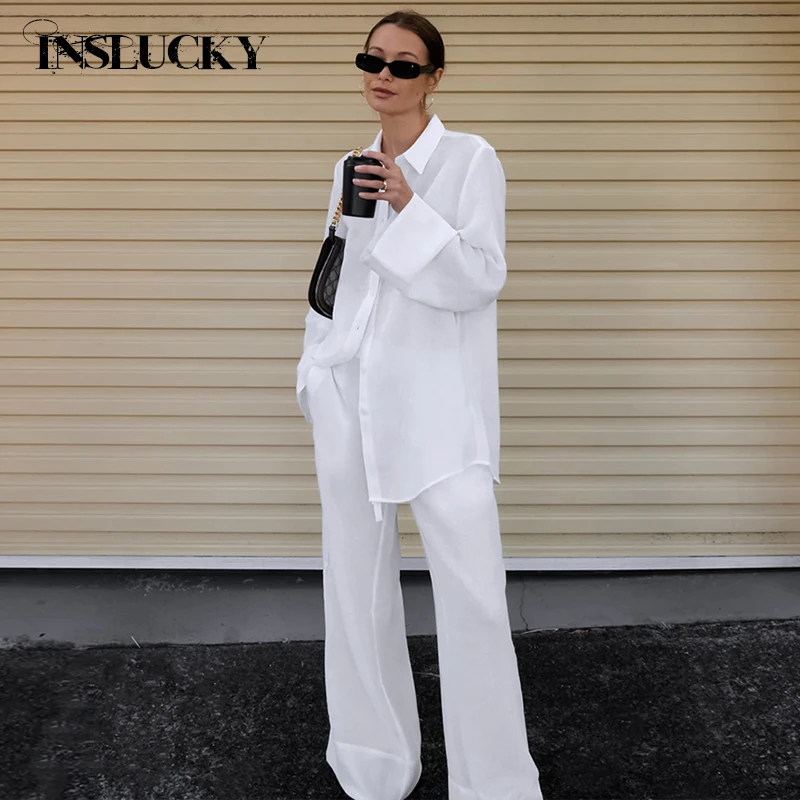 

InsLucky Fashion Cotton See Through 2 Piece Set Turn-down Collar Long Sleeve Blouse Top And High Waist Wide Leg Pants Loose Suit