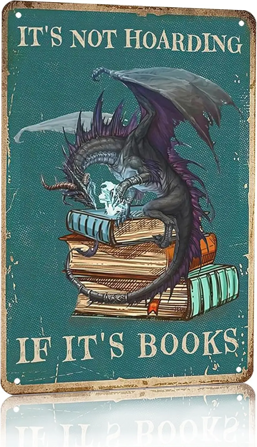 Dargon Gifts Vintage Drachen-Blechschild „It's Not Hoarding If It's Books“ für Zuhause, Café, Schlafzimmer, Bibliothek, Bücherregal, Wanddekoration
