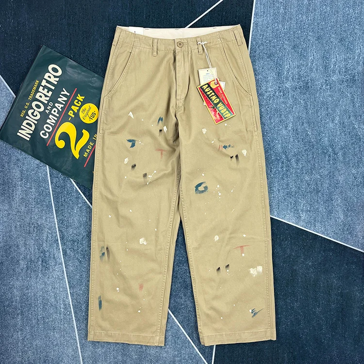 Men's Spring/Summer Thin Pure Cotton Loose Straight Casual Pants - American Retro Graffiti Wide-Leg Workwear Pants | Amekaji