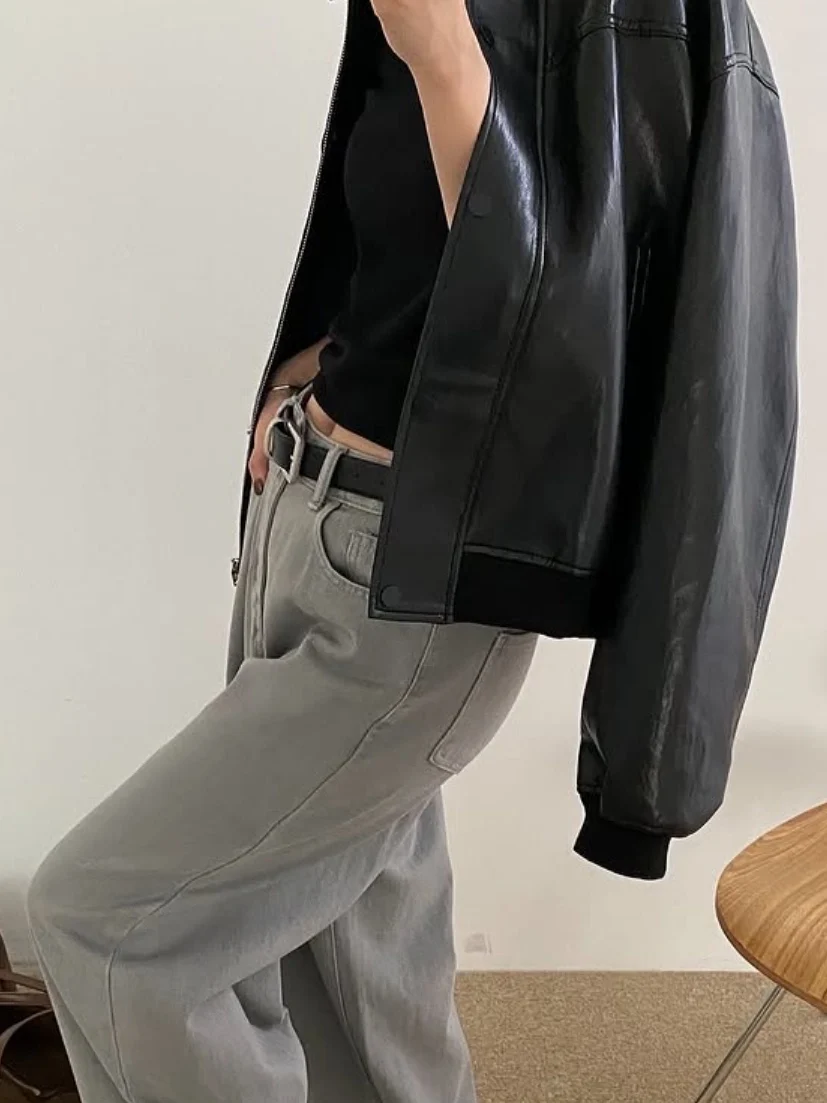 Bla ort Jaet in pelle allentata da donna coreana Sle Hong Kong Sle Retro Chic Faion High-End Feelings Cappotto in pelle PU