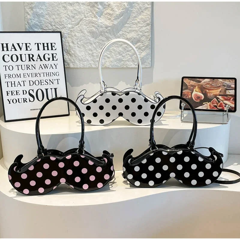 Mustache Shape Polka Dot Hobo Schultertasche, süße, niedliche, ausgefallene, kreative Handtasche für Damen, leichte Alltagstasche im Nischendesign – Detail 8