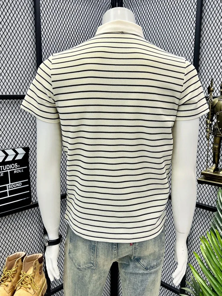 New Style Summer Youth Mens Short Sleeved Striped Tees Turndown Collar Pullover Male Slim T-shirts Hot Sale Daily Casual Tops