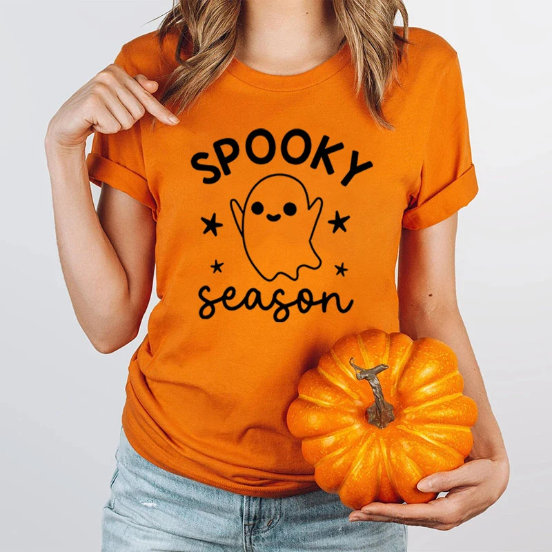 

Cute Halloween Ghost Spooky Season Print T-shirts Women Short Sleeve Funny Round Neck T-shirt Women Casual Summer Halloween Tops