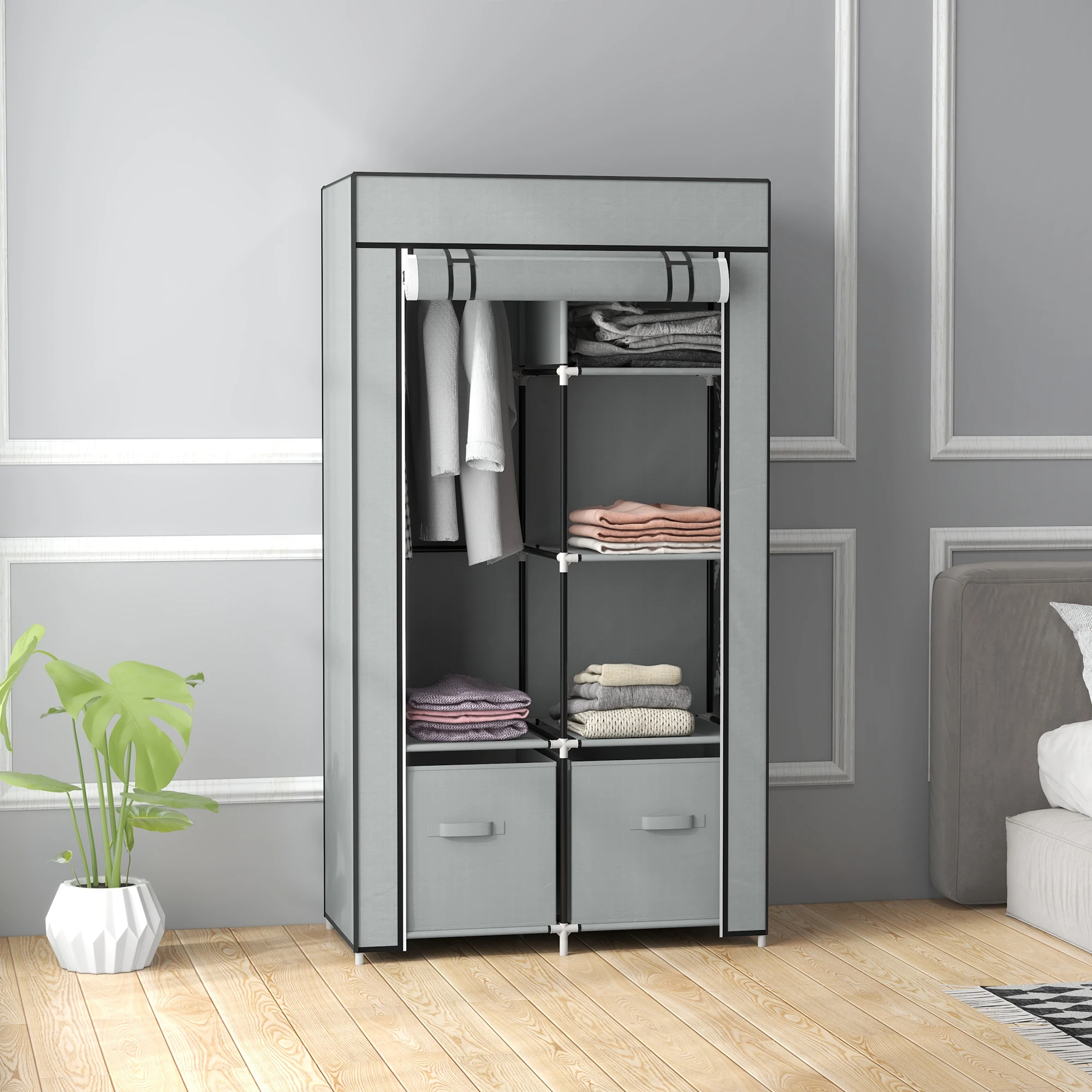 HOMCOM Kleiderschrank Stoffschrank mit 5 Fächern, Kleiderstange, Reißverschluss Faltschrank Stoffkleiderschrank für Schlafzimmer, Ankleidezimmer, 150 x 45 x 175 cm, Hellgrau