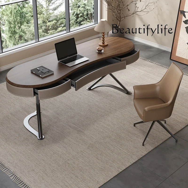 

Home study Bedroom walnut leather Office computer desk Solid wood desk Modern simple saddle leather