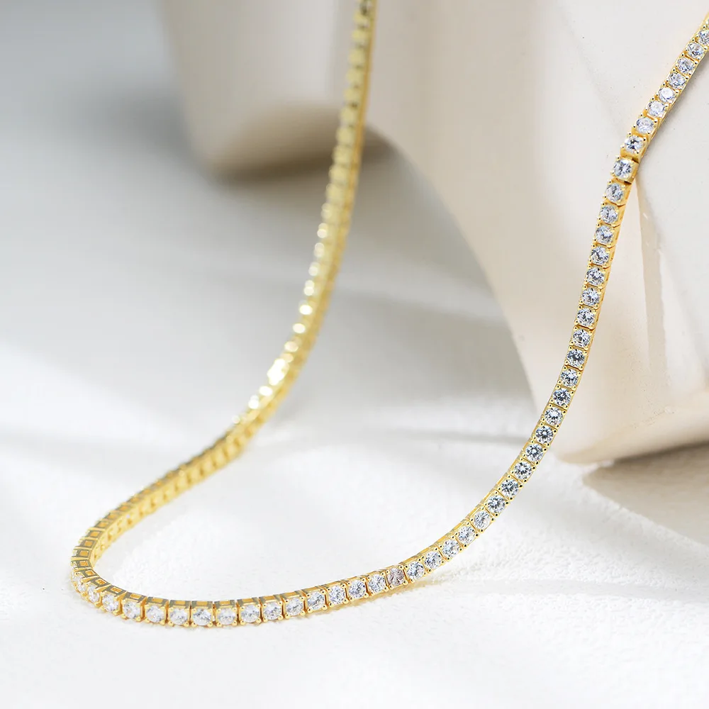 

Withered S925 Pure Silver Gold-plated Full Diamond Necklace High-quality 25mm Zircon Single Row Necklace
