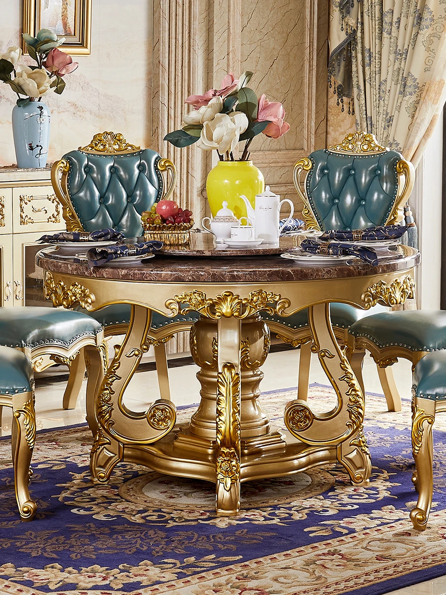 Dining room furniture European round table marble table champagne color table solid wood oak luxury household circle