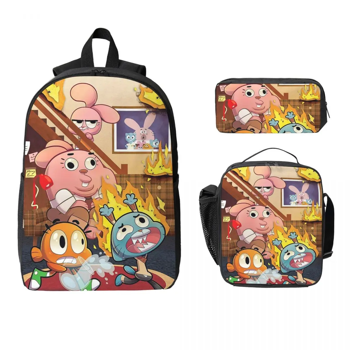 The Amazing World Of Gumball Cartoon Backpack BookBag School Bag Computer Shoulder Bags 3ps Insulated Lunch Bag Pencil Case