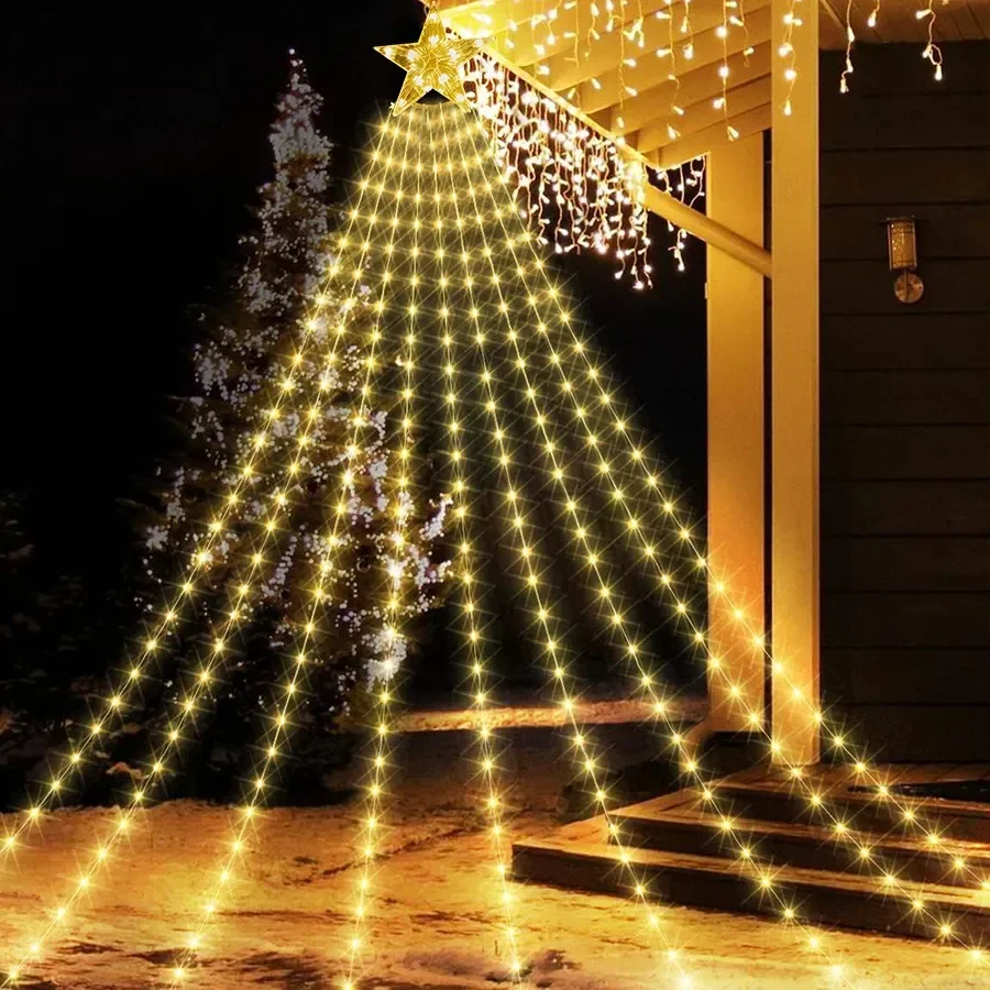 3M 9 Strands ตกแต่งคริสต์มาส Star String Light 288LED กลางแจ้งน้ําตกต้นไม้พร้อม Topper Star Christmas Icicle Light