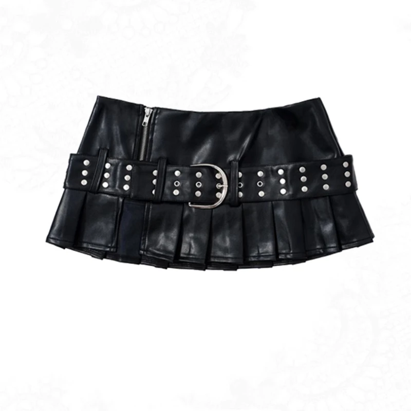 American Retro Hot Girl Style PU Leather Split Belt Women's Pleated Skirt New Sexy Street Zipper Low Waist A-line Skirts Ladies