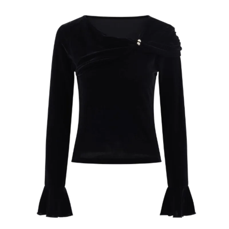 غير المتماثلة المخملية تويست الجبهة للنساء النمط الفرنسي سليم طويل الأكمام تي شيرت شتوي لينة بسط بلوزة سوداء مظهر يوميا #6