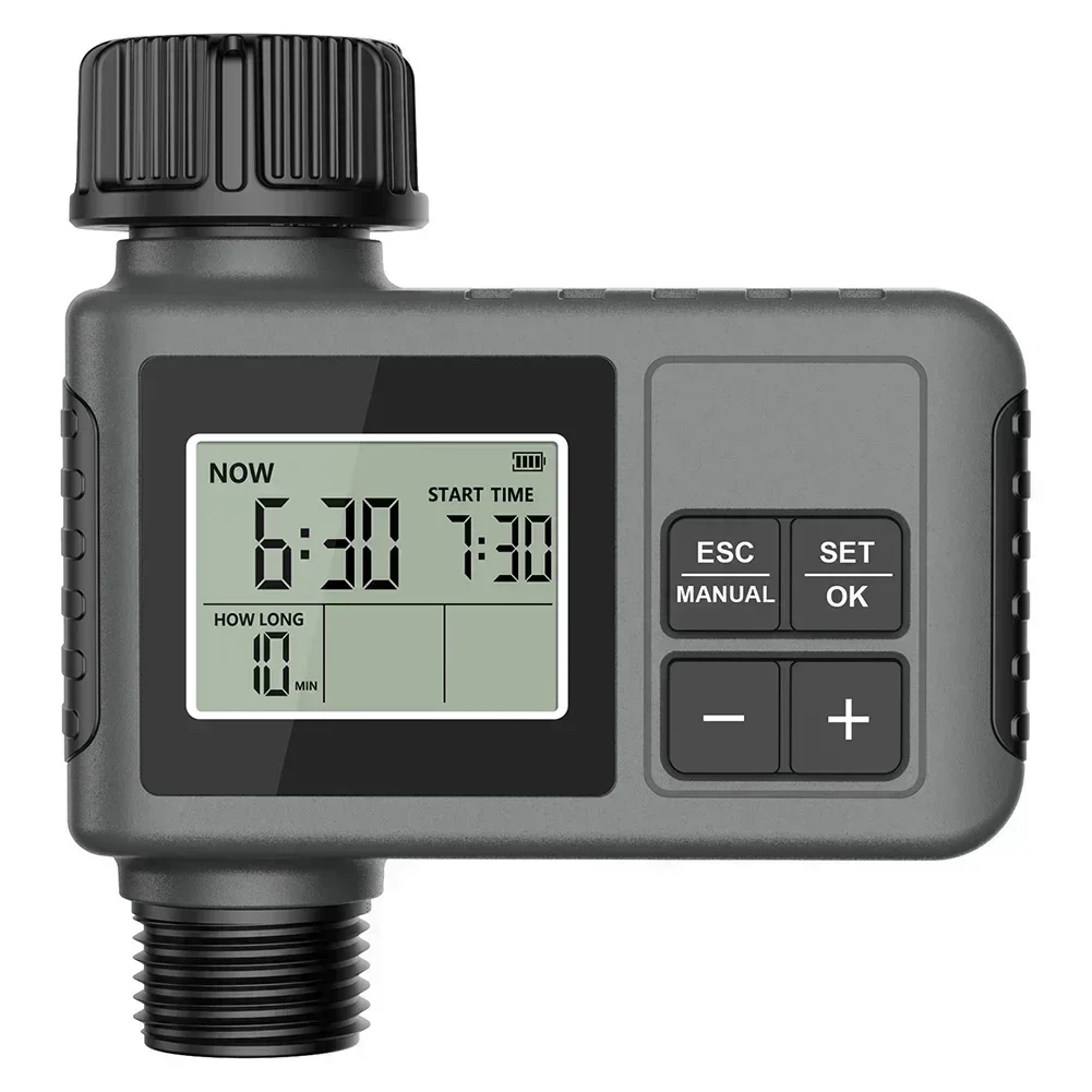 

Programmable Automatic Watering Timer with Rain Delay Large LCD Display Adjustable Start Time Duration and Frequency for Garden