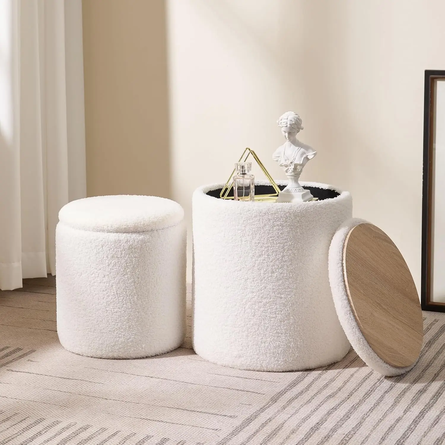 Round Boucle Upholstered Ottoman with Storage Set of 2 Vanity Stool Foot Rest with Removable Lid White Tall Ottomans Chair