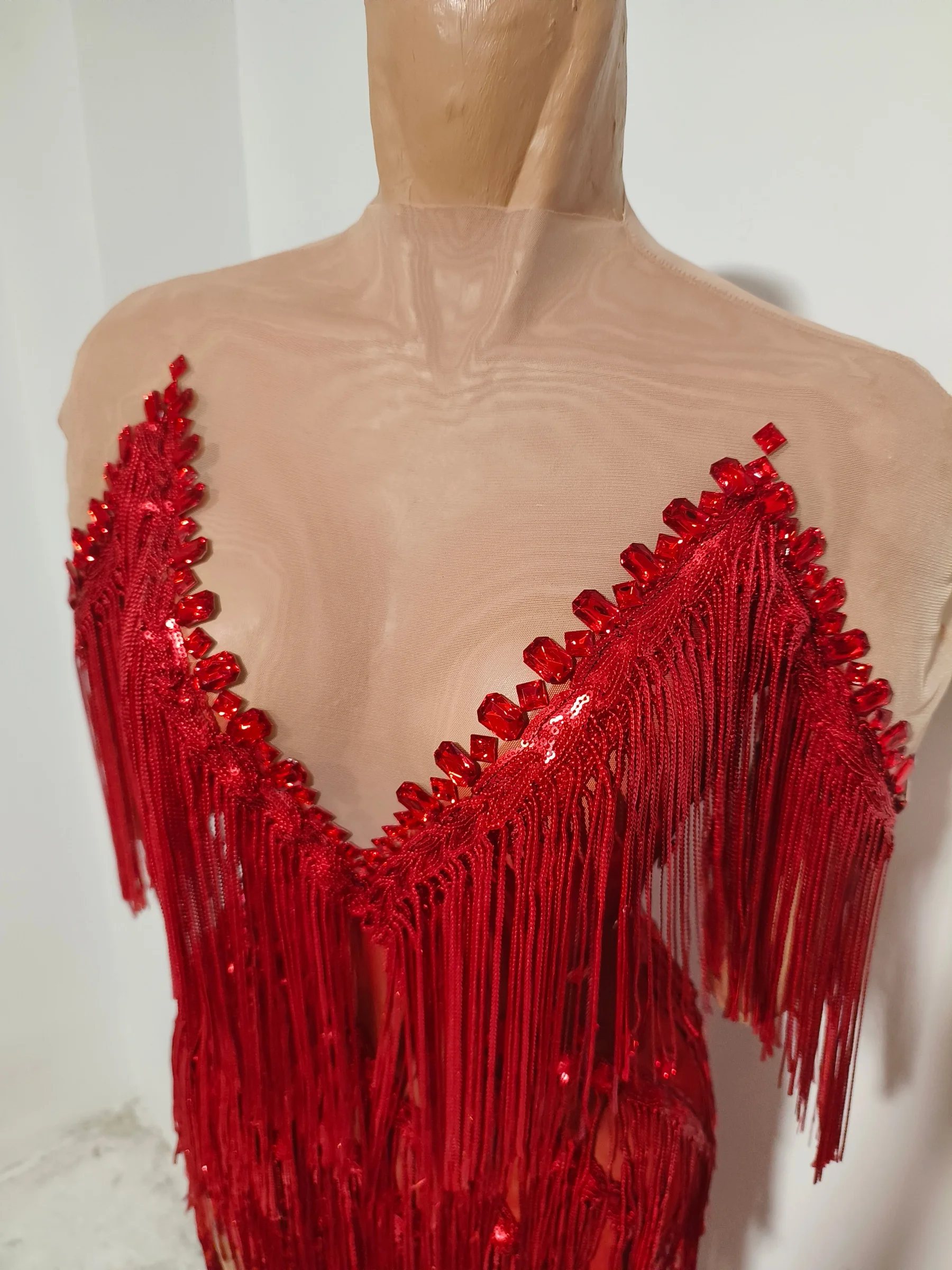 Lazhu Red Sequin Tassel Evening Gown Off Shoulder Deep V Neck High Slit Women Stage Performance Dress