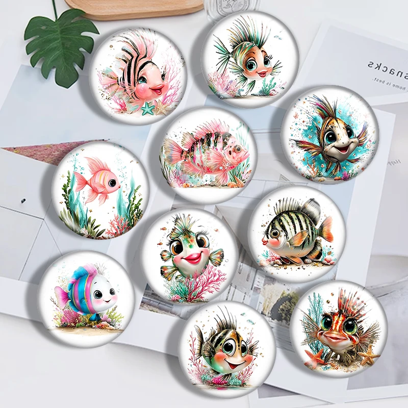 Cartoon Cute Little Fish 10pcs 12mm14mm/16mm/18mm/20mm/25mm Round Photo Glass Cabochon Demo Flat Back Making Findings Jewelry