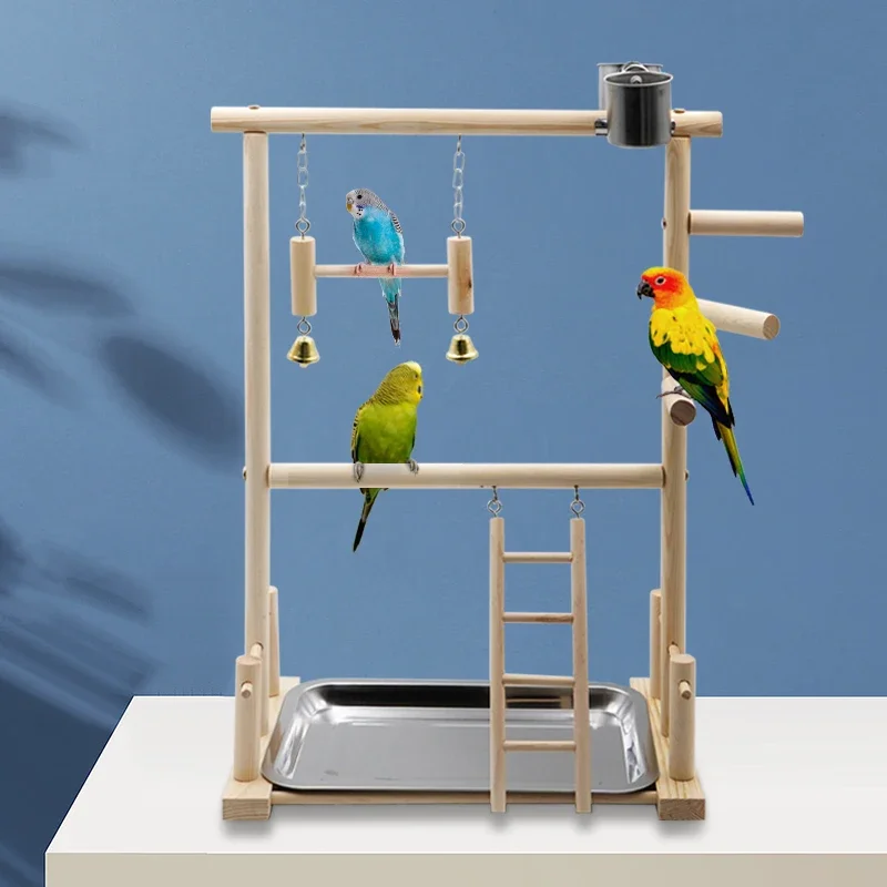 

Wooden Parrot Playstand Double Layer Bird Play Stand Playground Gym Playpen Ladder with Feeder Cups Toys