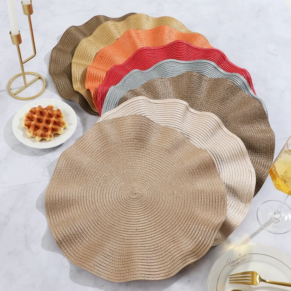 Round Placemats with Weave Design Heat-resistant Table Mats Washable with Corrugated Edge Non-slip Dining Table Mats 15inch