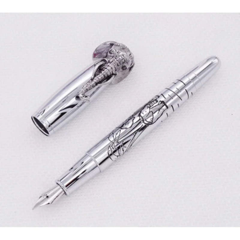 A+ Fuliwen Fountain Pen Elephant Head on The Cap, Delicate Silver Signature Pen