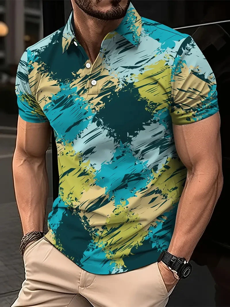 Summer Men\'s Polo Shirt Fashion Color Block Colorful Artistic Men Shirt Striped Polo Shirts Men Casual Golf Short Sleeve Tops
