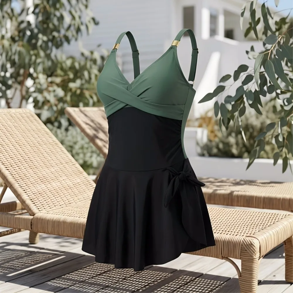 Beach Suit Slim Fit Women's Swimming Suit Sleeveless Pleated Skirt Swimsuit Beachwear Clothing V-Neck Summer Swimwear Vacation