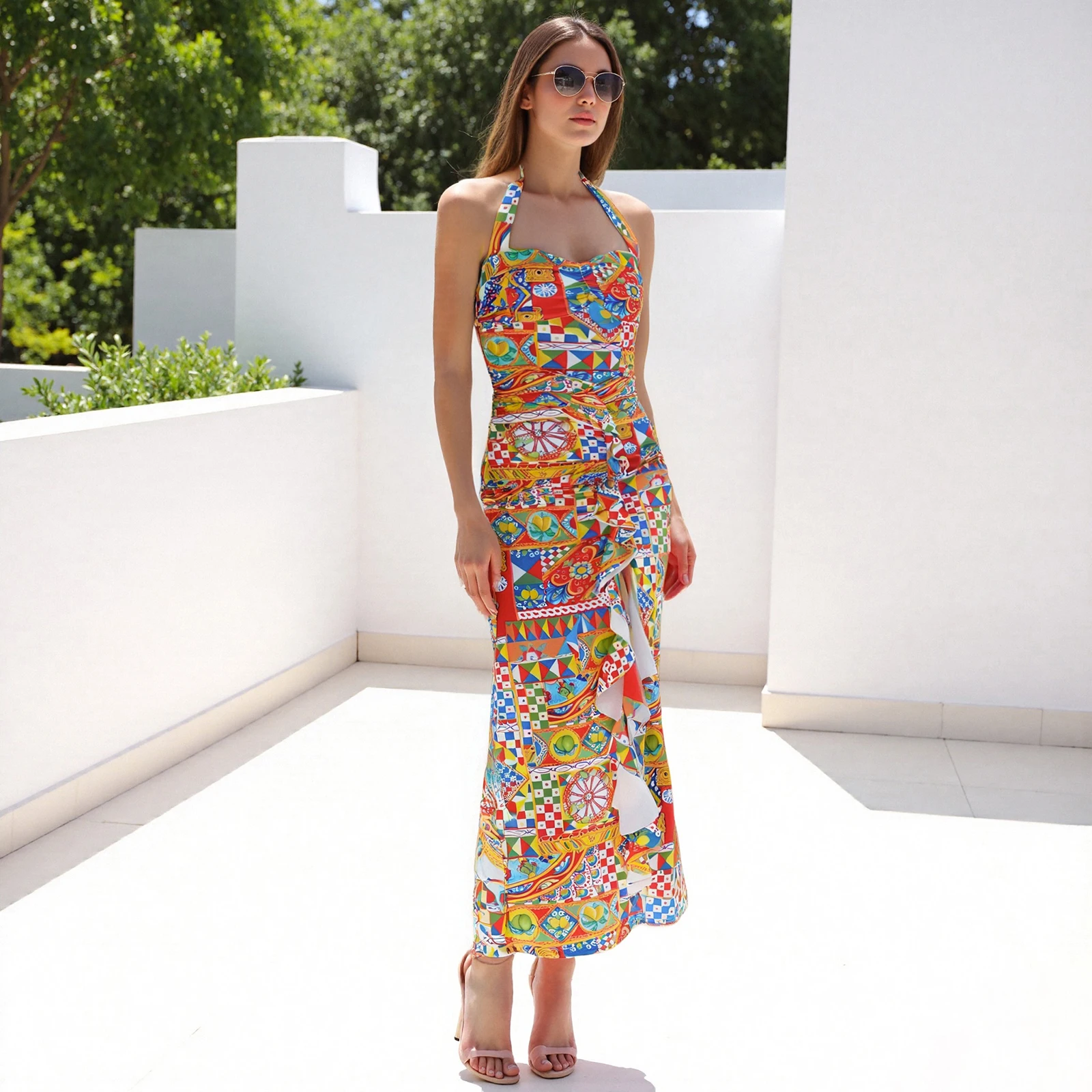 ใหม่แฟชั่นสตรีฤดูร้อนชุด Cami ยาวแขนกุด Halter คอแยกรูปแบบพิมพ์ชุด Club Street สไตล์ S M L