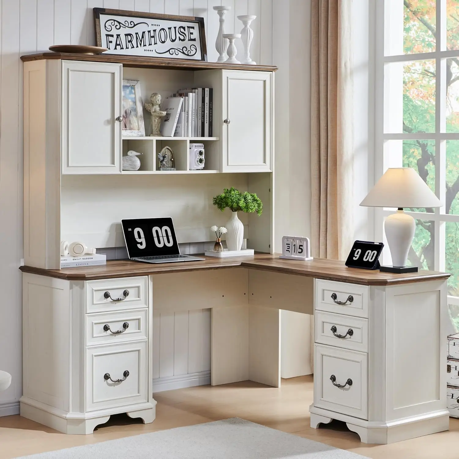 

59" L Shaped Executive Desk with Hutch,Farmhouse Wood Computer Desk, Featuring Charging Station,File Drawer, Storage Cabinet