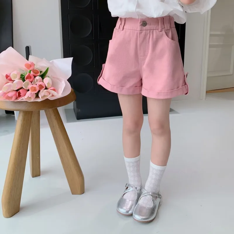 Girls' Denim Shorts Summer New Style Stylish Loose Fitting Casual Simple And Versatile Rolled Edge Children's Pants Trend