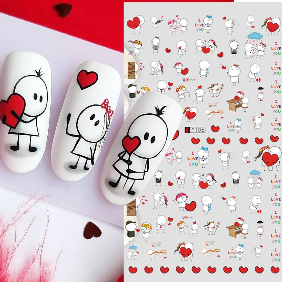 3D Valentines Lover Stickers For Manicure Cute Cartoon Romantic Letter Black Simple Line Girl Heart DIY Decoration Decals LYF106