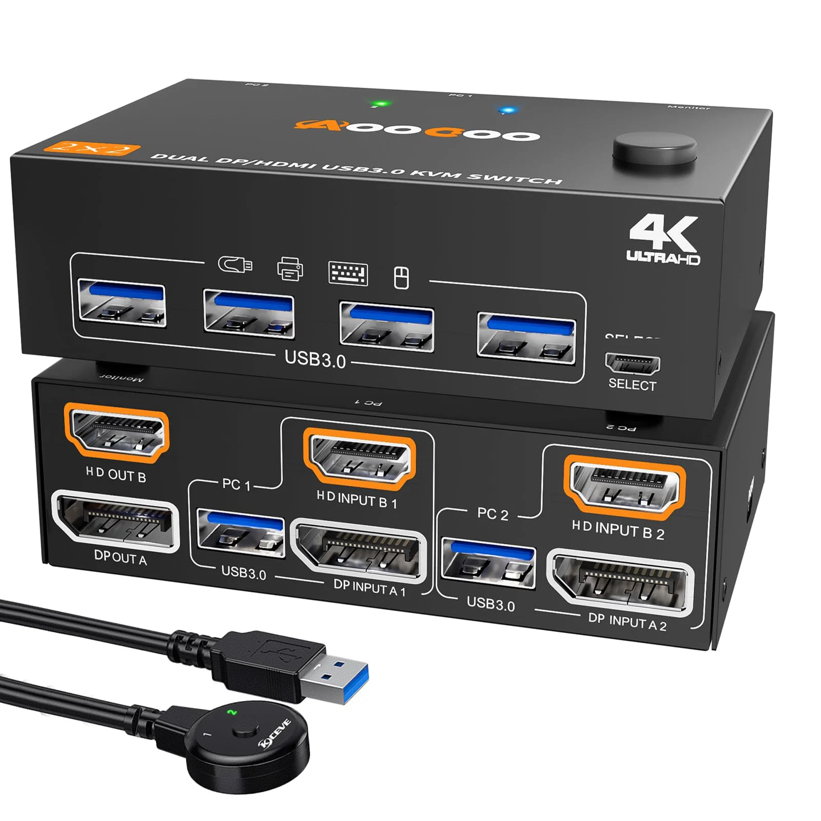 

KVM-переключатель 4K HDMI Displayport, 2 монитора, 2 ПК, KVM-переключатели 4K при 60 Гц/2K при 120 Гц с портом USB 3.0, проводным пультом дистанционного управления и кабелями USB3.0