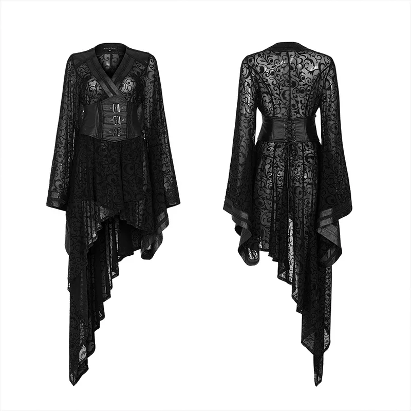 PUNK RAVE Women\'s Gothic Asymmetrical Flocking Net Kimono Delicate Gorgeous Embroidery Detachable Belt Stage Performance Coat