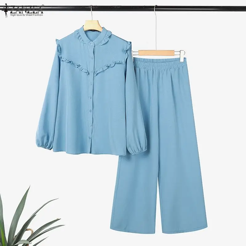 ZANZEA Fashion Women Pant Sets Autumn Spring Casual Long Sleeve Shirt and Long Wide Leg Pants Solid Elegant 2 Piece Outfits 2PCS