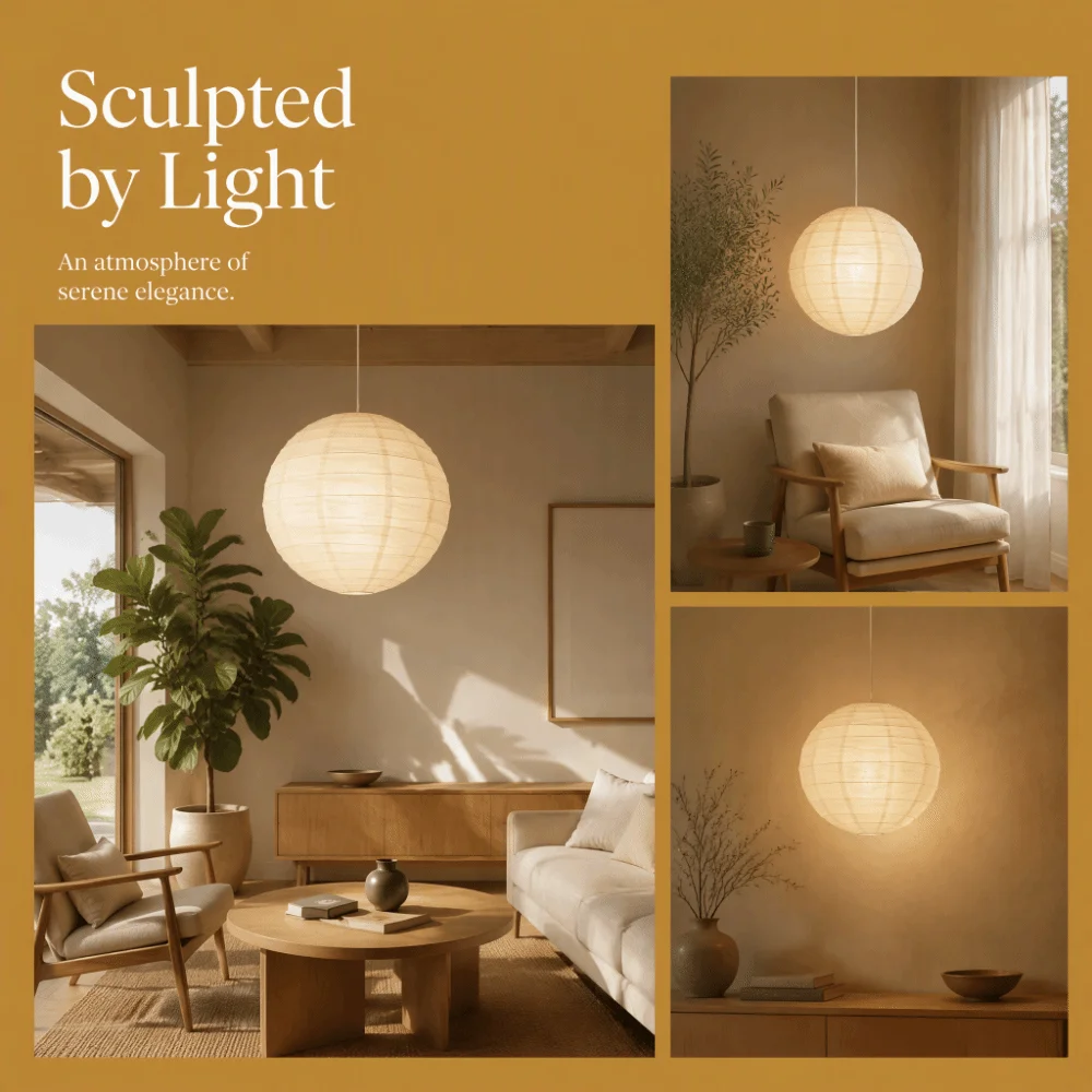 Spherical Paper Lantern Large Round Vintage Rice Paper Lamp LED Compatible Warm Atmosphere Pendant Lamp Dining Room
