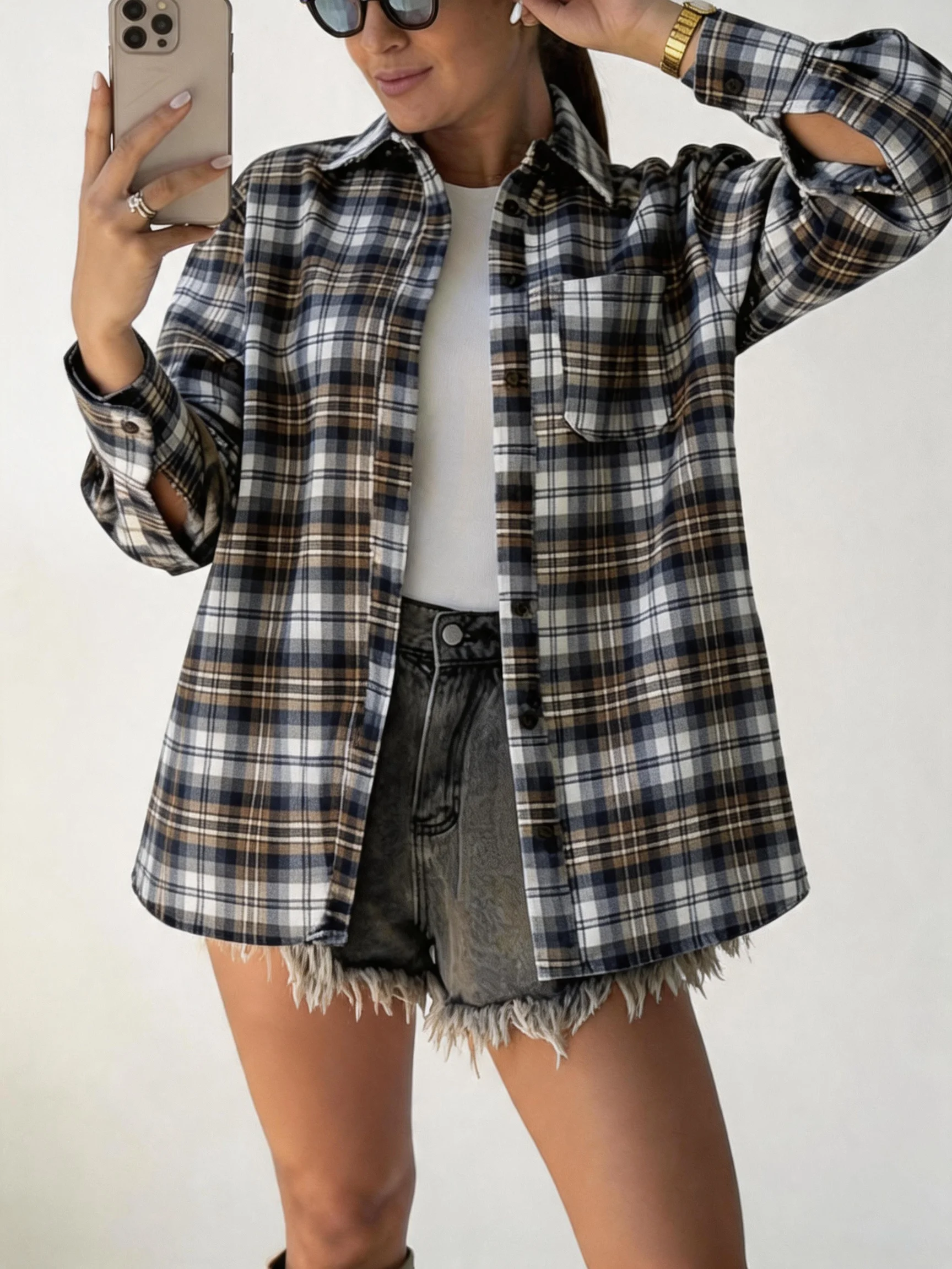 

New Blue Brown White Plaid Casual Ladies Shirt Commute Daily Wear Single Wear Or Layered Shirt Top