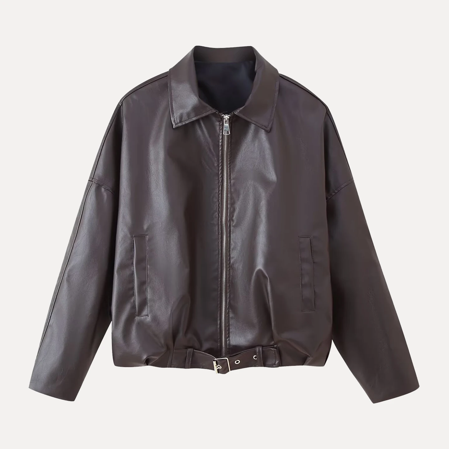 American Sle Long Sve Couro Jaet com Cinto Outono 2025 Novo Feminino Faion Z Commute Sle Zipper Loose Fit