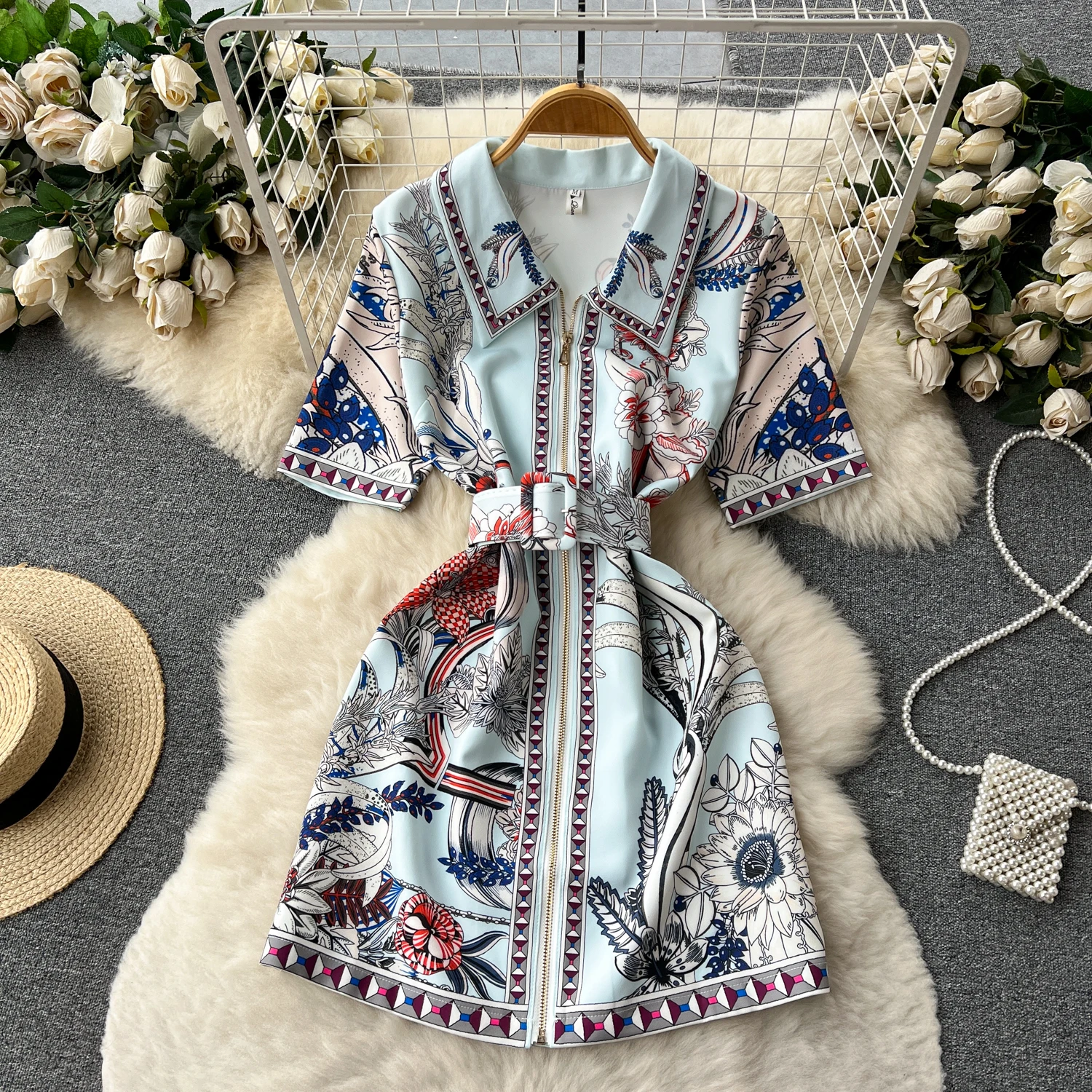 

Temperament Slim Women Printed Dresses Vintage Turn Down Collar Short Sleeve Zipper Party Gown Lady Fashion Commuter Dress
